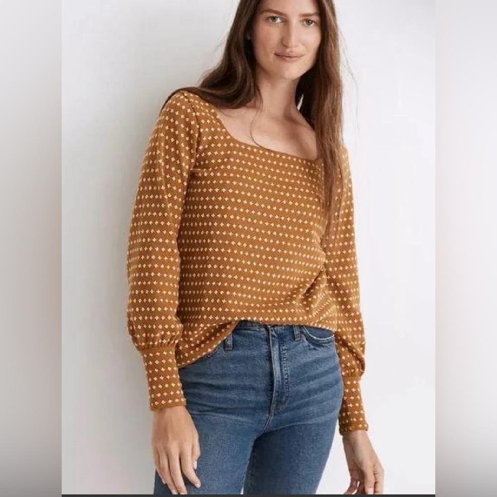 Madewell Floral Jacquard Square Neck Top Small Textured Balloon Sleeve Fitted